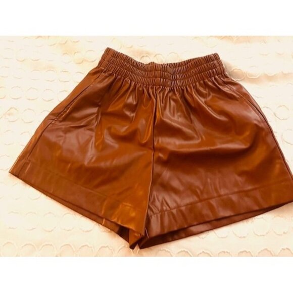 Entro Brown Faux Leather High-Waisted Dressy Elastic Festive Shorts w/Pockets L - Picture 1 of 6